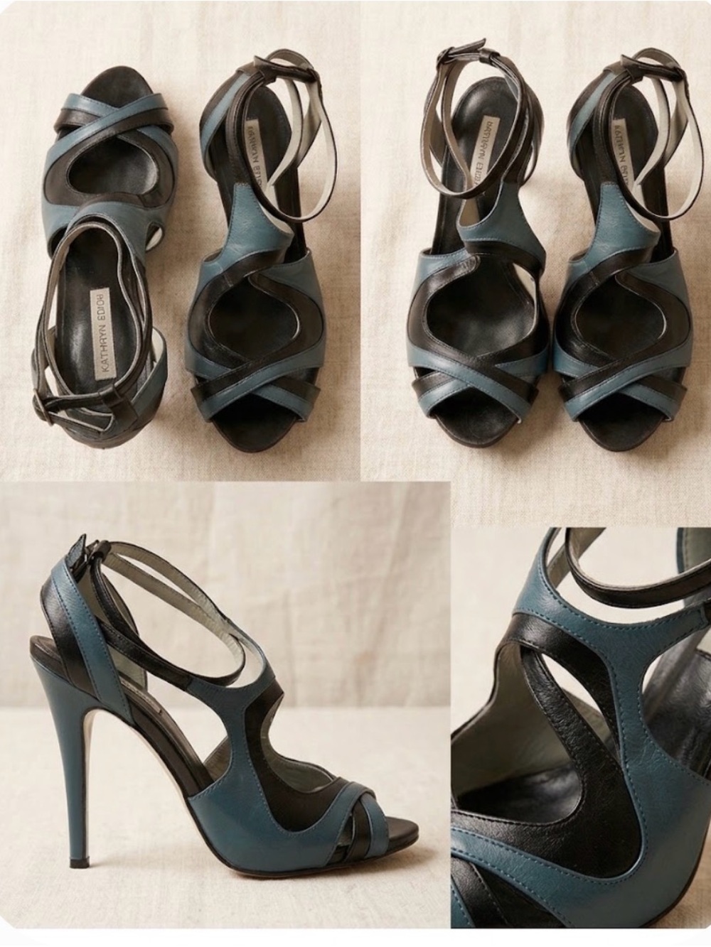 Kathryn Amberleigh Teal and Black Leather Strappy High-Heel Sandals